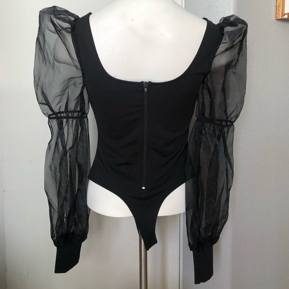 Organza Puff Long Sleeve Thing Bodysuit Top - Picture 4 of 6